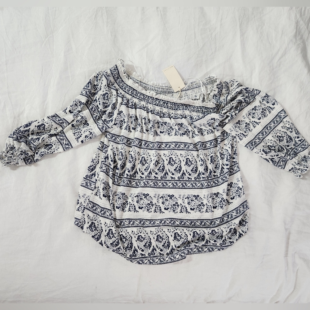 NWT Melloday women’s white and blue off shoulder half sleeve boho top - Picture 3 of 12